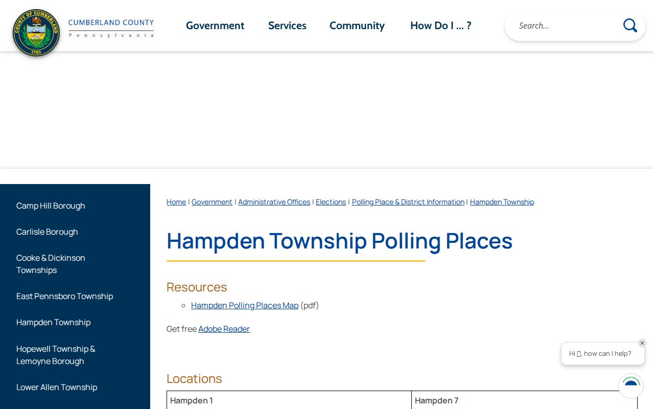 Hampden Township ZIP code directory showing county polling-place postal geography
